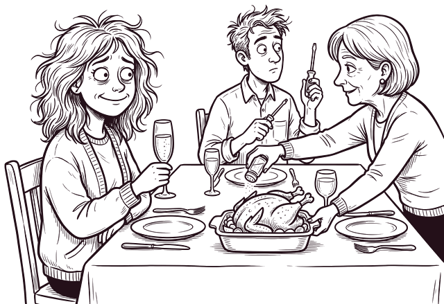 Un repas de famille : la belle-mère ressale le plat sous le regard de sa belle-fille, verre à la main.
